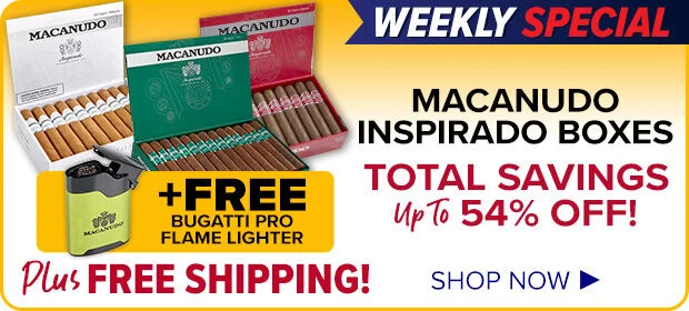 Weekly Special - Up to 54% in Total Savings on Macanudo Inspirado Boxes + Bugatti Lighter