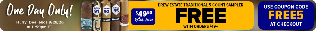 Shop Now! One Day Only - Drew Estate Traditional 5-Count Sampler FREE with Orders $49+ ($49.50 Retail Value) - Use Coupon Code FREE5 - Offer Expires 9/28/26 at 11:59pm ET