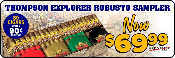 Shop Now! Thompson Explorer Robusto Sampler Sitewide Banner