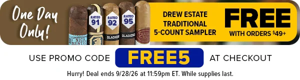 One Day Only Free Drew Estate Traditional 5-Count Sampler ($49.50 Retail Value) with Orders $49+ - Use promo code FREE5 at checkout. Hurry Deal ends 9/28/26 at 11:59pm ET. While supplies last.